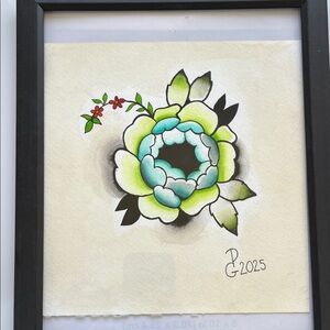Framed Floral Artwork with Green and Black Accents